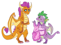 Size: 2448x1834 | Tagged: safe, artist:lopoddity, banned from derpibooru, deleted from derpibooru, derpibooru import, smolder, spike, dragon, pandoraverse, alternate design, apron, blushing, clothes, colored claws, dragoness, duo, female, flower, headcanon, headcanon at source, horns, male, naked apron, paw pads, simple background, smiling, transparent background, vector, wing claws, winged spike