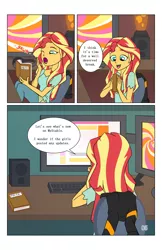 Size: 2650x4096 | Tagged: safe, artist:verumteednp, banned from derpibooru, deleted from derpibooru, derpibooru import, sunset shimmer, comic:sparkling shimmer, equestria girls, book, clothes, comic, computer, keyboard, math, monitor, mystable, one eye closed, shirt, smiling, speech bubble, tired, updated, yawn