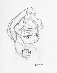 Size: 1386x1758 | Tagged: safe, artist:dilarus, banned from derpibooru, deleted from derpibooru, derpibooru import, applejack, earth pony, pony, bust, cowboy hat, female, freckles, grayscale, hat, mare, monochrome, pencil drawing, portrait, simple background, sketch, solo, traditional art, white background