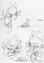 Size: 2236x3188 | Tagged: safe, artist:dilarus, banned from derpibooru, deleted from derpibooru, derpibooru import, applejack, pinkie pie, earth pony, pony, ahegao, applepie, dialogue, female, food, heart, lesbian, monochrome, onomatopoeia, open mouth, shipping, suggestive eating, the many faces of applejack, tongue out, traditional art