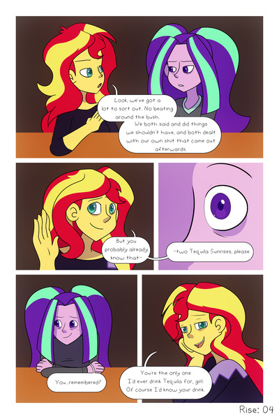 Size: 1280x1920 | Tagged: safe, artist:jake heritagu, artist:little-tweenframes, banned from derpibooru, deleted from derpibooru, derpibooru import, aria blaze, sunset shimmer, comic:aria's archives, comic:rise, series:sciset diary, equestria girls, bar, clothes, comic, hoodie, vulgar