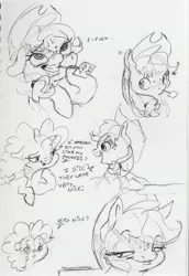 Size: 2245x3271 | Tagged: safe, artist:dilarus, banned from derpibooru, deleted from derpibooru, derpibooru import, applejack, pinkie pie, earth pony, pony, ahegao, applejack's hat, blushing, comic, cowboy hat, dialogue, female, hat, mare, monochrome, open mouth, sign, smiling, sweat, teasing, the many faces of applejack, tongue out, traditional art, vulgar