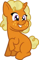 Size: 440x662 | Tagged: safe, artist:amrasfelagund, banned from derpibooru, deleted from derpibooru, derpibooru import, oc, oc:pumpkin sweet, unofficial characters only, pony, unicorn, chubby, chubby cheeks, description is relevant, double chin, foal, freckles, friendship is magic: the next generation, nonbinary, offspring, parent:apple bloom, parent:snails, parents:snailbloom, simple background, smiling, solo, transparent background