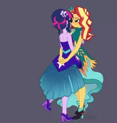 Size: 2048x2161 | Tagged: safe, artist:verumteednp, banned from derpibooru, deleted from derpibooru, derpibooru import, sci-twi, sunset shimmer, twilight sparkle, equestria girls, legend of everfree, clothes, dancing, dress, female, lesbian, scitwishimmer, shipping, simple background, smiling, sunsetsparkle