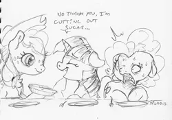 Size: 1667x1167 | Tagged: safe, artist:dilarus, banned from derpibooru, deleted from derpibooru, derpibooru import, applejack, pinkie pie, twilight sparkle, alicorn, earth pony, pony, ..., apple, apple pie, cowboy hat, dialogue, faic, female, food, freckles, grayscale, hat, horrified, mare, monochrome, open mouth, pencil drawing, pie, shocked, simple background, sweat, traditional art, white background