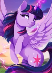 Size: 905x1276 | Tagged: safe, artist:dvixie, banned from derpibooru, deleted from derpibooru, derpibooru import, edit, twilight sparkle, twilight sparkle (alicorn), alicorn, pony, art, female, glowing horn, horn, magic, mare, smiling, solo, spread wings, wings