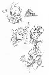 Size: 1920x2920 | Tagged: safe, artist:dilarus, banned from derpibooru, deleted from derpibooru, derpibooru import, queen chrysalis, spike, twilight sparkle, twilight sparkle (alicorn), alicorn, changeling, changeling queen, dragon, pony, coffee mug, comic, dialogue, female, floppy ears, magic, male, mare, mug, newspaper, simple background, sketch, spit take, telekinesis, traditional art, vulgar, white background