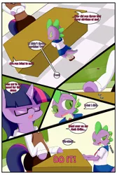 Size: 2000x3000 | Tagged: safe, artist:saurian, banned from derpibooru, deleted from derpibooru, derpibooru import, spike, twilight sparkle, pony, comic:punishment, alternate hairstyle, angry, bipedal, blatant lies, classroom, clothes, comic, crossdressing, desk, dialogue, femboy, femboy spike, girly, glasses, image, imminent spanking, male, png, school uniform, unamused
