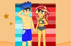 Size: 1280x829 | Tagged: safe, artist:paulysentry, banned from derpibooru, deleted from derpibooru, derpibooru import, flash sentry, sunset shimmer, starfish, equestria girls, beach, belly button, bikini, blushing, clothes, female, flashimmer, holding hands, image, jpeg, male, midriff, partial nudity, shipping, smiling, straight, sunglasses, sunset shimmer's beach shorts swimsuit, swimsuit, topless, towel