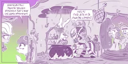 Size: 4000x2000 | Tagged: safe, artist:dilarus, banned from derpibooru, deleted from derpibooru, derpibooru import, apple bloom, applejack, pinkie pie, rainbow dash, zecora, earth pony, pony, zebra, meet-the-pones, bridle gossip, cauldron, comic, female, filly, fire, imminent vore, implied cannibalism, implied vore, mare, pony as food, rope, this will end in vore, tied up, tongue out, vulgar, zecora's hut