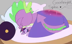 Size: 3000x1875 | Tagged: safe, artist:taaffeiite, banned from derpibooru, deleted from derpibooru, derpibooru import, spike, twilight sparkle, twilight sparkle (alicorn), alicorn, bed, colored sketch, cute, dialogue, gray background, heart, implied twilight sparkle, magic, offscreen character, pillow, plushie, request, simple background, sketch, sleeping, speech bubble, spikabetes, twilight sparkle plushie