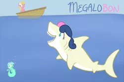 Size: 1000x666 | Tagged: safe, artist:atlur, banned from derpibooru, deleted from derpibooru, derpibooru import, bon bon, lily, lily valley, lyra heartstrings, sweetie drops, fish, megalodon, sea pony, shark, boat, bonafied, bonpun, danger, megalobon, pun, seaponified, seapony lyra, sharkified, species swap, this will end in death, underwater, water