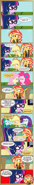 Size: 1024x5497 | Tagged: safe, artist:paulysentry, banned from derpibooru, deleted from derpibooru, derpibooru import, applejack, rainbow dash, rarity, sci-twi, sunset shimmer, twilight sparkle, human, comic:the end of past memories, equestria girls, comic, geode of empathy, geode of fauna, geode of sugar bombs, geode of super speed, geode of super strength, geode of telekinesis, glasses, magical geodes