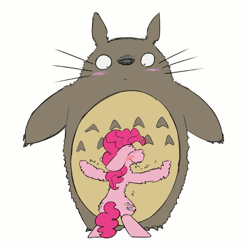 Size: 600x592 | Tagged: safe, artist:input-command, banned from derpibooru, deleted from derpibooru, derpibooru import, pinkie pie, animated, blushing, crossover, cute, diapinkes, duo, eyes closed, fluffy, hug, my neighbor totoro, simple background, totoro, white background