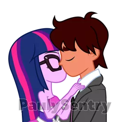 Size: 3378x3453 | Tagged: safe, artist:paulysentry, banned from derpibooru, deleted from derpibooru, derpibooru import, sci-twi, twilight sparkle, oc, equestria girls, canon x oc, eyes closed, glasses, kissing, simple background, transparent background