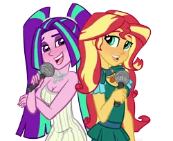 Size: 1280x1039 | Tagged: safe, artist:verumteednp, banned from derpibooru, deleted from derpibooru, derpibooru import, aria blaze, sunset shimmer, equestria girls, rainbow rocks, bare shoulders, clothes, contest winner, female, geode of empathy, lesbian, magical geodes, microphone, shipping, siblings, simple background, singing, sisters, sleeveless, smiling, strapless, sunblaze, transparent background