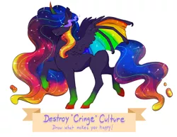 Size: 1600x1237 | Tagged: safe, artist:lopoddity, banned from derpibooru, deleted from derpibooru, derpibooru import, oc, oc:princess darkshadow, unofficial characters only, alicorn, alicorn oc, bat wings, colored horn, colored wings, cringe culture is dead, curved horn, description is relevant, ethereal mane, horn, hybrid wings, multicolored hair, multicolored mane, multicolored tail, multicolored wings, rainbow hair, rainbow wings, raised hoof, simple background, sombra eyes, starry mane, text, white background, wings