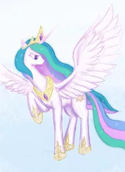 Size: 1618x2229 | Tagged: safe, artist:2chpencil, artist:atlur, banned from derpibooru, deleted from derpibooru, derpibooru import, princess celestia, alicorn, pony, female, frown, looking back, mare, princess, raised hoof, spread wings, wings