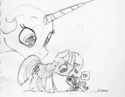 Size: 1950x1510 | Tagged: safe, artist:dilarus, banned from derpibooru, deleted from derpibooru, derpibooru import, princess celestia, starlight glimmer, twilight sparkle, alicorn, pony, unicorn, the tiny apprentice, behind you, cute, dilarus is trying to murder us, female, glimmerbetes, heart, looking at each other, looking down, looking up, mare, micro, monochrome, pictogram, simple background, size difference, sketch, smiling, smol, teacher and student, tiny, tiny ponies, traditional art, unicorn twilight, weapons-grade cute