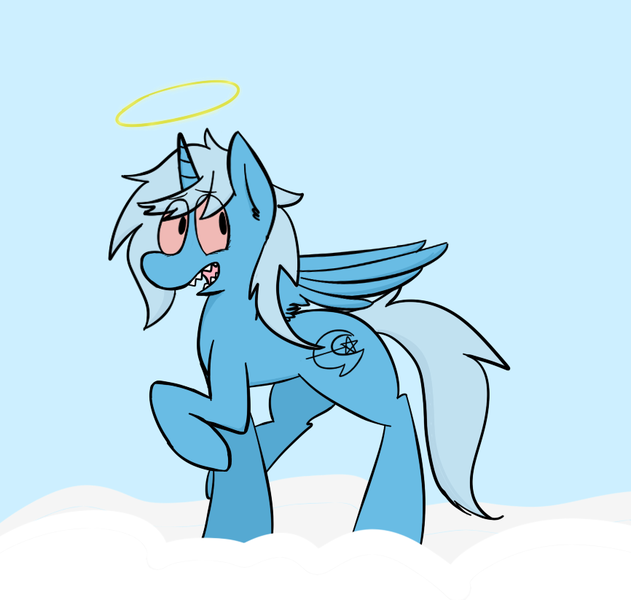 Size: 866x823 | Tagged: safe, artist:input-command, banned from derpibooru, deleted from derpibooru, derpibooru import, trixie, alicorn, pony, unicorn, alicornified, female, halo, mare, race swap, solo, stoned trixie, trixiecorn