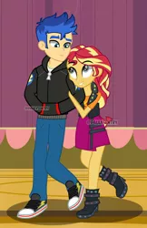 Size: 1280x1979 | Tagged: safe, artist:paulysentry, banned from derpibooru, deleted from derpibooru, derpibooru import, flash sentry, sunset shimmer, equestria girls, equestria girls series, boots, clothes, converse, cute, female, flashimmer, looking at each other, male, raised leg, shimmerbetes, shipping, shoes, sneakers, straight