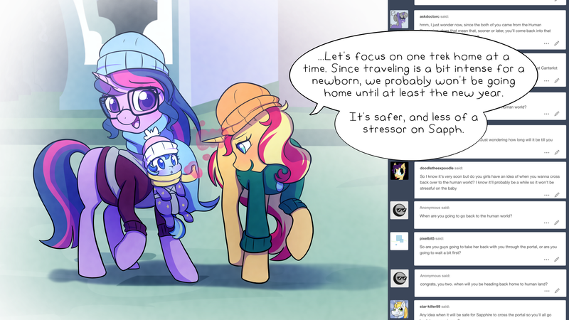 Size: 1920x1080 | Tagged: safe, artist:little-tweenframes, banned from derpibooru, deleted from derpibooru, derpibooru import, sci-twi, sunset shimmer, twilight sparkle, oc, oc:sparkling sapphire, pony, series:sciset diary, baby, baby pony, clothes, coat, cute, female, hat, lesbian, magical lesbian spawn, mare, offspring, parent:sci-twi, parent:sunset shimmer, parents:scitwishimmer, scitwishimmer, shipping, sunsetsparkle