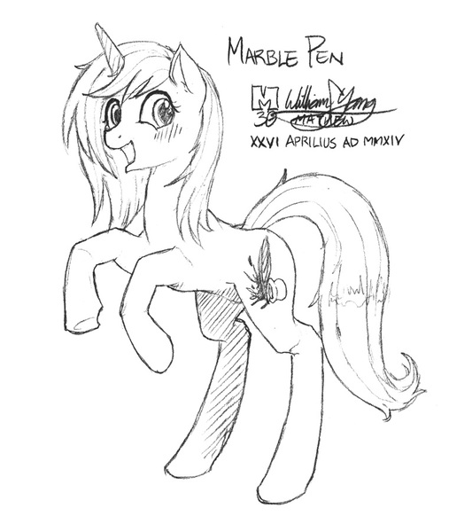 Size: 800x900 | Tagged: safe, artist:meto30, banned from derpibooru, deleted from derpibooru, derpibooru import, oc, oc:marble pen, unofficial characters only, pony, unicorn, blushing, female, mare, monochrome, solo