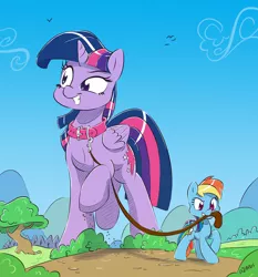Size: 3728x4000 | Tagged: safe, artist:dilarus, banned from derpibooru, deleted from derpibooru, derpibooru import, rainbow dash, twilight sparkle, twilight sparkle (alicorn), alicorn, pony, behaving like a dog, collar, female, giantess, grin, image, leash, lesbian, macro, mare, mouth hold, outdoors, pet play, pettwi, png, raised hoof, raised leg, shipping, size difference, small dom big sub, smiling, smoldash, twidash, walking