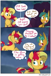 Size: 1280x1920 | Tagged: safe, artist:kryptchild, artist:little-tweenframes, banned from derpibooru, deleted from derpibooru, derpibooru import, snails, sunset shimmer, pony, unicorn, ask glitter shell, comic:portal sweet portal, series:sciset diary, cloud, collaboration, comic, glitter shell, nervous, outdoors, rain, speech bubble, storm, stormcloud, thought bubble, tree