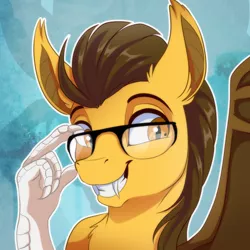 Size: 1000x1000 | Tagged: safe, artist:dvixie, banned from derpibooru, deleted from derpibooru, derpibooru import, oc, oc:keystroke, unofficial characters only, bat pony, hybrid, fangs, glasses, simple background, smiling, solo