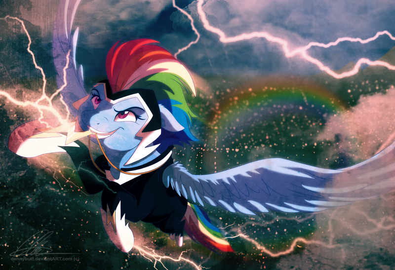 Size: 1764x1207 | Tagged: safe, artist:dvixie, banned from derpibooru, deleted from derpibooru, derpibooru import, rainbow dash, zapp, pegasus, pony, power ponies (episode), cloud, female, flying, lightning, mare, mouth hold, power ponies, rain, rainbow, solo, spread wings, wings