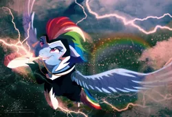 Size: 1764x1207 | Tagged: safe, artist:dvixie, banned from derpibooru, deleted from derpibooru, derpibooru import, rainbow dash, zapp, pegasus, pony, power ponies (episode), cloud, female, flying, lightning, mare, mouth hold, power ponies, rain, rainbow, solo, spread wings, wings