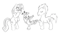 Size: 900x551 | Tagged: safe, artist:atlur, banned from derpibooru, deleted from derpibooru, derpibooru import, doctor whooves, time turner, twilight sparkle, chess, monochrome, star trek, transdimensional chess