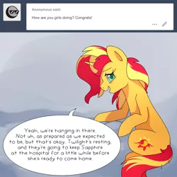 Size: 1300x1300 | Tagged: safe, artist:little-tweenframes, banned from derpibooru, deleted from derpibooru, derpibooru import, sunset shimmer, pony, unicorn, series:sciset diary, female, looking at you, mare, smiling, speech bubble, tumblr