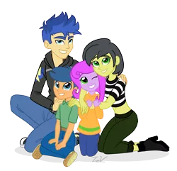 Size: 2048x1976 | Tagged: safe, artist:verumteednp, banned from derpibooru, deleted from derpibooru, derpibooru import, first base, flash sentry, oc, oc:pauly sentry, oc:reggie sentry, equestria girls, equestria girls series, family, female, looking at you, siblings, simple background, smiling, transparent background