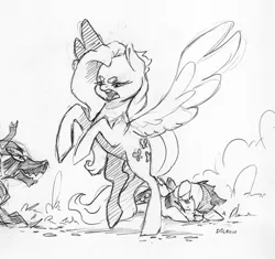 Size: 3920x3689 | Tagged: safe, artist:dilarus, banned from derpibooru, deleted from derpibooru, derpibooru import, fluttershy, rainbow dash, pegasus, pony, timber wolf, badass, beanbrows, eyebrows, female, fierce, flutterbadass, injured, mare, monochrome, protecting, simple background, size difference, smoldash, tallershy, traditional art, white background