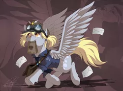 Size: 1600x1188 | Tagged: safe, artist:dvixie, banned from derpibooru, deleted from derpibooru, derpibooru import, derpy hooves, pegasus, pony, alternate hairstyle, bag, clothes, cute, derpabetes, female, goggles, hat, letter, mailbag, mailpony, mare, mouth hold, necktie, pigtails, solo, underhoof, zoom layer