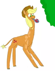 Size: 1212x1579 | Tagged: safe, artist:input-command, banned from derpibooru, deleted from derpibooru, derpibooru import, applejack, giraffe, apple, food, giraffied, prehensile tongue, solo, species swap
