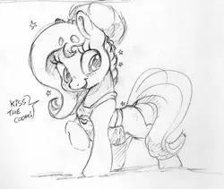 Size: 955x807 | Tagged: safe, artist:dilarus, banned from derpibooru, deleted from derpibooru, derpibooru import, oc, oc:brownie bun, unofficial characters only, earth pony, pony, apron, beanbrows, clothes, dialogue, eyebrows, female, grayscale, kiss the cook, mare, monochrome, raised hoof, solo, stars, traditional art