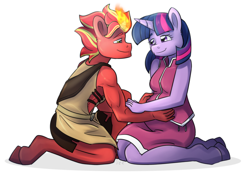 Size: 1442x1024 | Tagged: safe, artist:verumteednp, banned from derpibooru, deleted from derpibooru, derpibooru import, twilight sparkle, oc, oc:pyro, anthro, unicorn, canon x oc, clothes, couple, dress, fire, preglight sparkle, pregnant, sensibly-proportioned pregnancy, shipping, simple background, transparent background