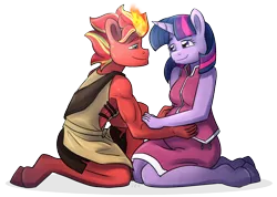 Size: 1442x1024 | Tagged: safe, artist:verumteednp, banned from derpibooru, deleted from derpibooru, derpibooru import, twilight sparkle, oc, oc:pyro, anthro, unicorn, canon x oc, clothes, couple, dress, fire, preglight sparkle, pregnant, sensibly-proportioned pregnancy, shipping, simple background, transparent background