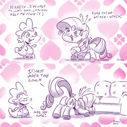 Size: 1280x1280 | Tagged: suggestive, artist:dilarus, banned from derpibooru, deleted from derpibooru, derpibooru import, rarity, spike, pony, unicorn, meet-the-pones, butt, comic, couch, eyes on the prize, face down ass up, female, hooves, male, pervert, plot, shipping, sparity, straight