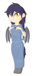 Size: 1369x2982 | Tagged: safe, artist:vito, banned from derpibooru, deleted from derpibooru, derpibooru import, oc, oc:nettle, bat pony, satyr, breasts, clothes, dress, female, small breasts, smiling, solo