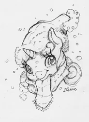 Size: 1150x1561 | Tagged: safe, artist:dilarus, banned from derpibooru, deleted from derpibooru, derpibooru import, sweetie belle, pony, unicorn, clothes, cute, female, filly, hat, monochrome, scarf, simple background, snow, snowfall, traditional art, white background