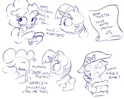 Size: 1280x1024 | Tagged: safe, artist:dilarus, banned from derpibooru, deleted from derpibooru, derpibooru import, pinkie pie, twilight sparkle, earth pony, pony, unicorn, awkward, blushing, comic, cute, diapinkes, embarrassed, female, lesbian, letter, love letter, misspelling, misspelling of you're, monochrome, shipping, sweat, trick, twinkie