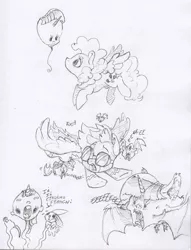 Size: 2377x3106 | Tagged: safe, artist:dilarus, banned from derpibooru, deleted from derpibooru, derpibooru import, pinkie pie, twilight sparkle, balloon pony, bat, inflatable pony, pegasus, pony, rabbit, comic:the many faces of twilight sparkle, animal, dagger, dialogue, eeee, monochrome, not salmon, onomatopoeia, race swap, species swap, traditional art, wat, weapon, wonderbolts