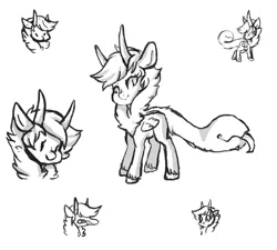 Size: 1668x1502 | Tagged: safe, artist:axolotlshy, banned from derpibooru, deleted from derpibooru, derpibooru import, oc, unofficial characters only, monster pony, original species, augmented tail, bust, horn, lineart, monochrome, sketch, smiling, tongue out