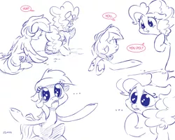 Size: 5000x4000 | Tagged: safe, artist:dilarus, banned from derpibooru, deleted from derpibooru, derpibooru import, pinkie pie, rainbow dash, earth pony, pegasus, pony, comic:know your enemy, absurd resolution, cute, diapinkes, doe eyes, duo, female, frown, hugs?, its a trap!, mare, monochrome, neo noir, partial color, puppy dog eyes, sad, simple background, speech bubble, tag (game), trick, unsure, weapons-grade cute, white background