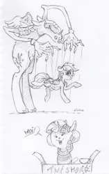 Size: 1508x2406 | Tagged: safe, artist:dilarus, banned from derpibooru, deleted from derpibooru, derpibooru import, rainbow dash, twilight sparkle, twilight sparkle (alicorn), alicorn, anthro, pegasus, pony, temmie, comic:the many faces of twilight sparkle, anthro with ponies, crossover, dialogue, traditional art, undertale