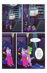 Size: 2650x4096 | Tagged: safe, artist:verumteednp, banned from derpibooru, deleted from derpibooru, derpibooru import, sci-twi, spike, spike the regular dog, twilight sparkle, dog, comic:sparkling shimmer, equestria girls, bedroom, chapter 2, clothes, clothes swap, comic, crying, dialogue, glasses, happy, sad, sci-twi's room, speech bubble, tears of joy, tongue out
